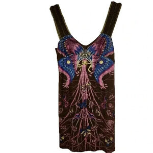 Free People Black and Purple Mini Dress With Embroidered Butterflies